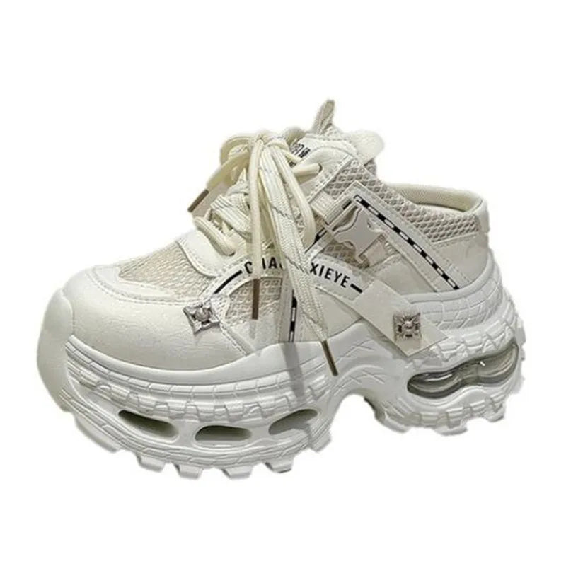 9CM Ultra-Light Thick Soled Women Chunky Platform Mule Sneakers Lace-Up Casual Buckle Fashion Dad Shoes New Comfortable Slippers